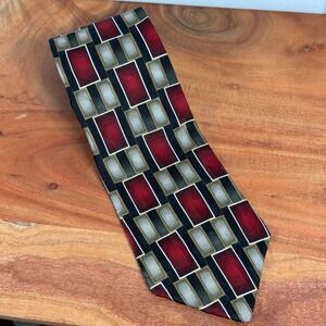 ZIGGURAT Mens Silk Tie Geometric Red Black Gold White Pattern